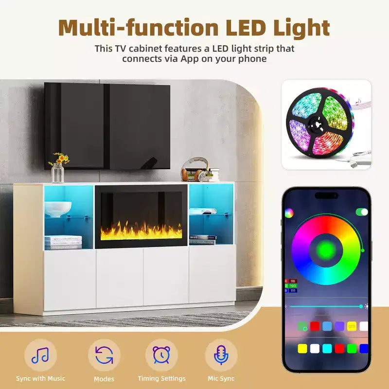 Mobile TV Moderno con Luci a LED per TV da 75 pollici, Tavolino Console Multimediale con Ripiani in Vetro Temperato e Caminetto Non Riscaldante