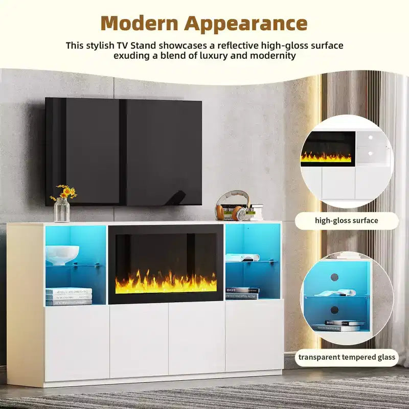 Mobile TV Moderno con Luci a LED per TV da 75 pollici, Tavolino Console Multimediale con Ripiani in Vetro Temperato e Caminetto Non Riscaldante