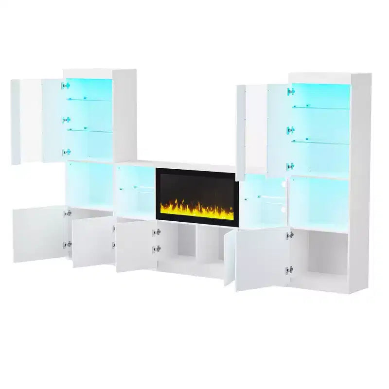 Mobile TV Moderno con Luci a LED per TV da 75 pollici, Tavolino Console Multimediale con Ripiani in Vetro Temperato e Caminetto Non Riscaldante