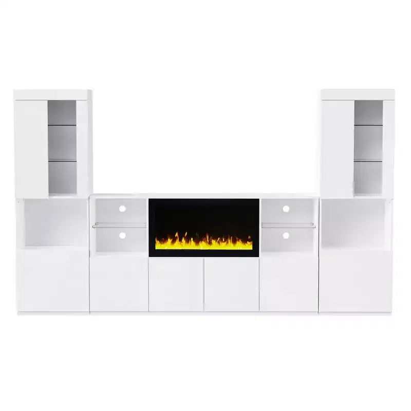 Mobile TV Moderno con Luci a LED per TV da 75 pollici, Tavolino Console Multimediale con Ripiani in Vetro Temperato e Caminetto Non Riscaldante
