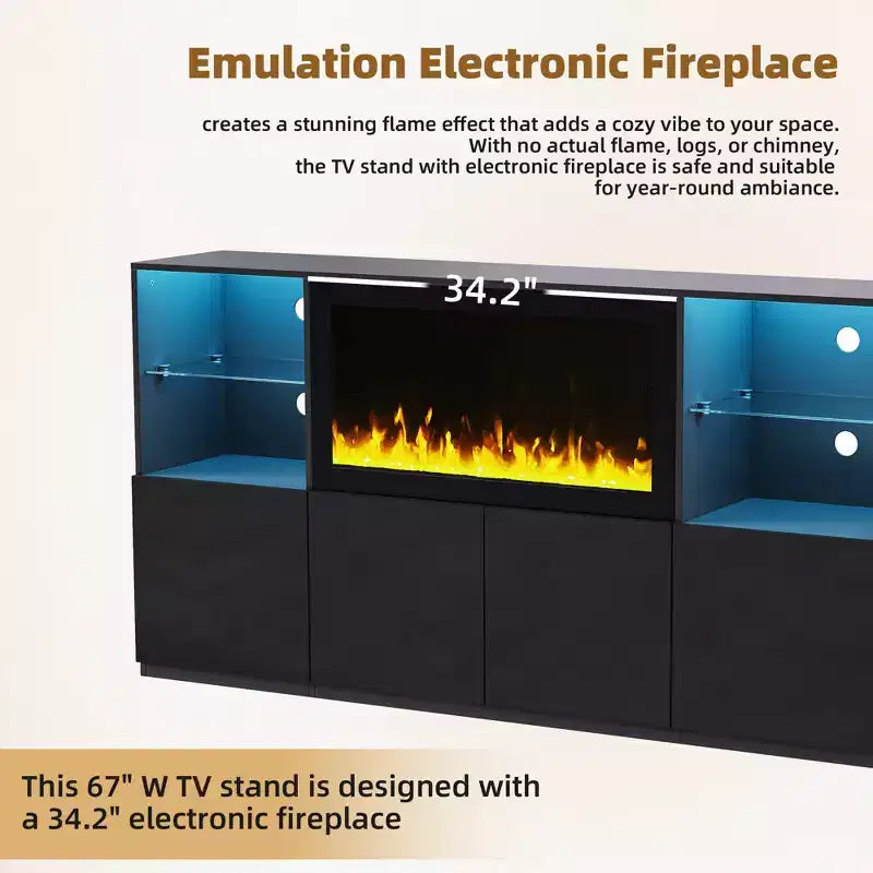 Mobile TV Moderno con Luci a LED per TV da 75 pollici, Tavolino Console Multimediale con Ripiani in Vetro Temperato e Caminetto Non Riscaldante