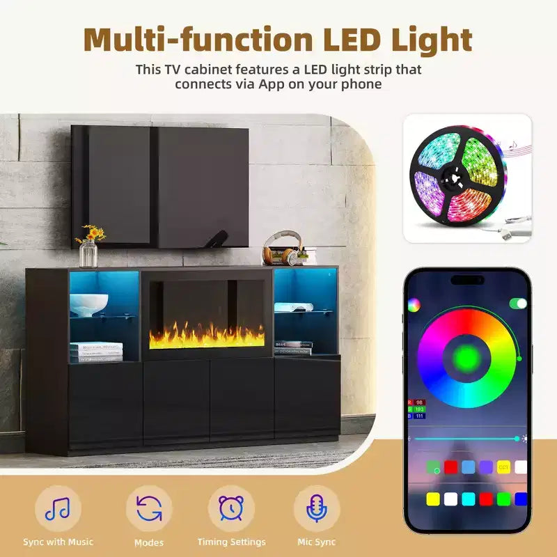 Mobile TV Moderno con Luci a LED per TV da 75 pollici, Tavolino Console Multimediale con Ripiani in Vetro Temperato e Caminetto Non Riscaldante