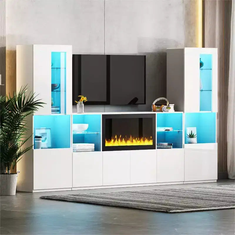 Mobile TV Moderno con Luci a LED per TV da 75 pollici, Tavolino Console Multimediale con Ripiani in Vetro Temperato e Caminetto Non Riscaldante