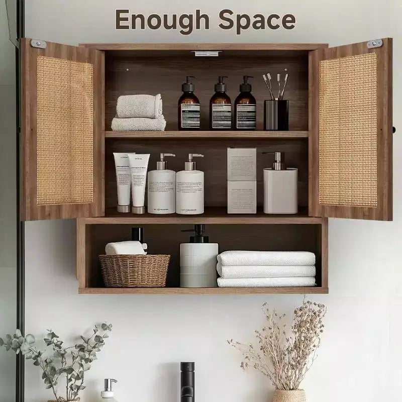 Pensile da parete in rattan Bohemien Chic salvaspazio sopra il WC a 3 ripiani montabile a parete con doppia anta per bagno, cucina, sala da pranzo, soggiorno