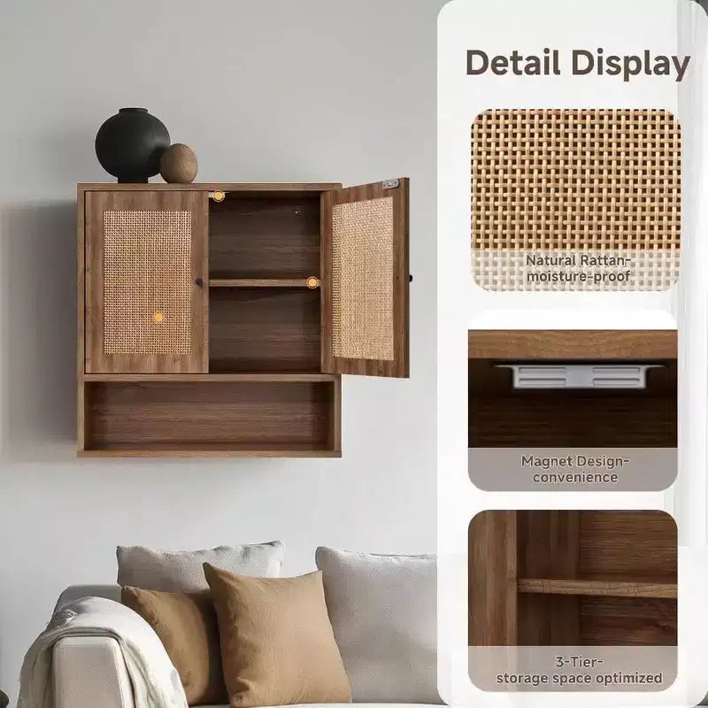Pensile da parete in rattan Bohemien Chic salvaspazio sopra il WC a 3 ripiani montabile a parete con doppia anta per bagno, cucina, sala da pranzo, soggiorno