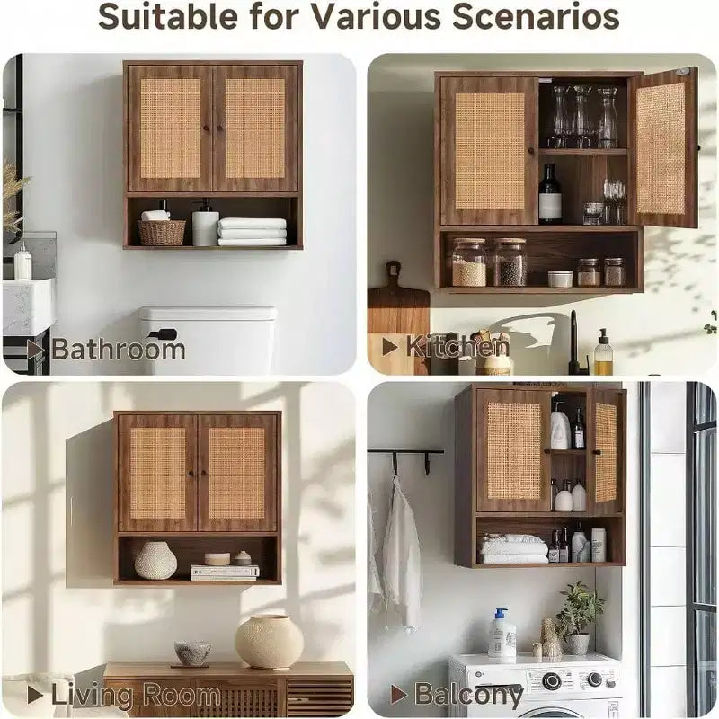 Pensile da parete in rattan Bohemien Chic salvaspazio sopra il WC a 3 ripiani montabile a parete con doppia anta per bagno, cucina, sala da pranzo, soggiorno