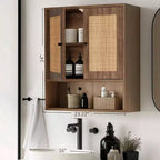 Pensile da parete in rattan Bohemien Chic salvaspazio sopra il WC a 3 ripiani montabile a parete con doppia anta per bagno, cucina, sala da pranzo, soggiorno