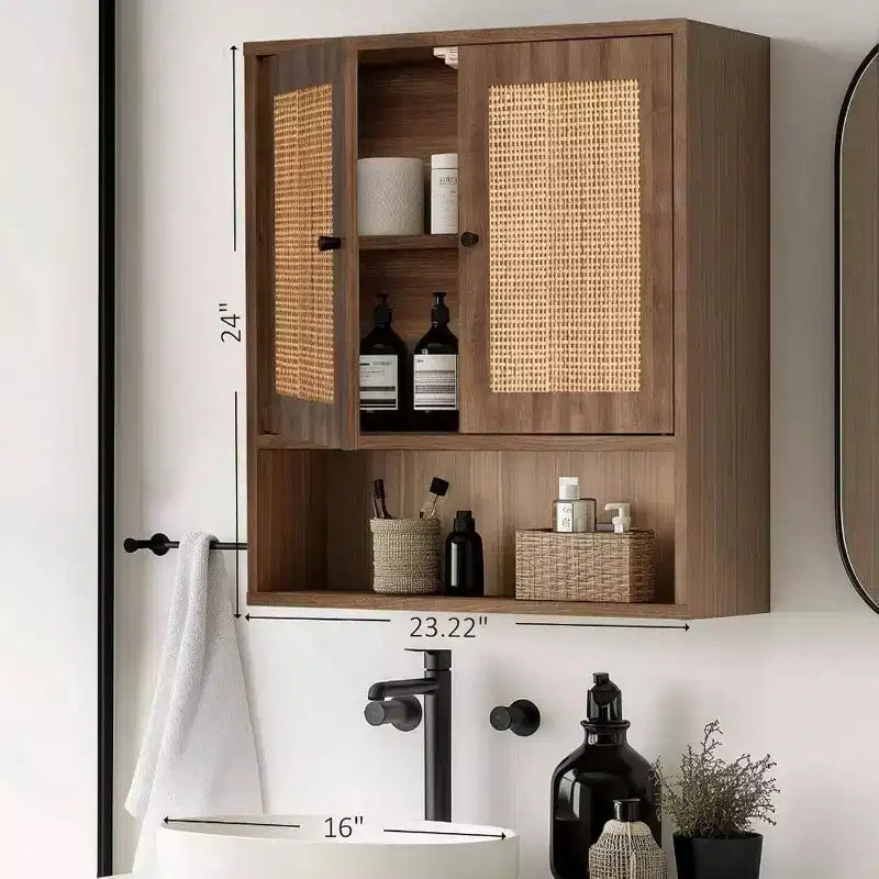Pensile da parete in rattan Bohemien Chic salvaspazio sopra il WC a 3 ripiani montabile a parete con doppia anta per bagno, cucina, sala da pranzo, soggiorno