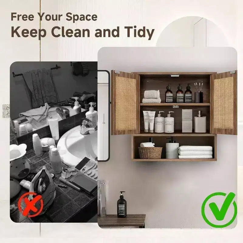 Pensile da parete in rattan Bohemien Chic salvaspazio sopra il WC a 3 ripiani montabile a parete con doppia anta per bagno, cucina, sala da pranzo, soggiorno