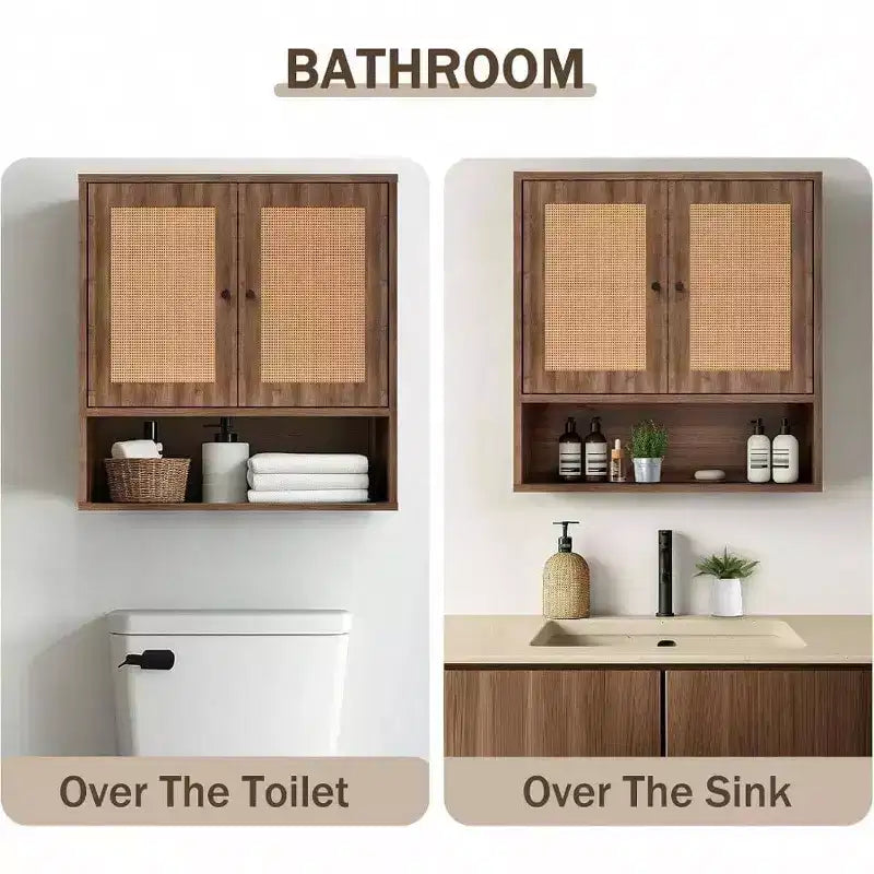 Pensile da parete in rattan Bohemien Chic salvaspazio sopra il WC a 3 ripiani montabile a parete con doppia anta per bagno, cucina, sala da pranzo, soggiorno
