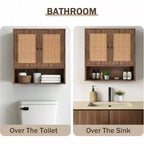 Pensile da parete in rattan Bohemien Chic salvaspazio sopra il WC a 3 ripiani montabile a parete con doppia anta per bagno, cucina, sala da pranzo, soggiorno