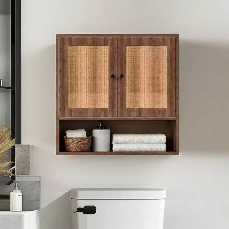 Pensile da parete in rattan Bohemien Chic salvaspazio sopra il WC a 3 ripiani montabile a parete con doppia anta per bagno, cucina, sala da pranzo, soggiorno