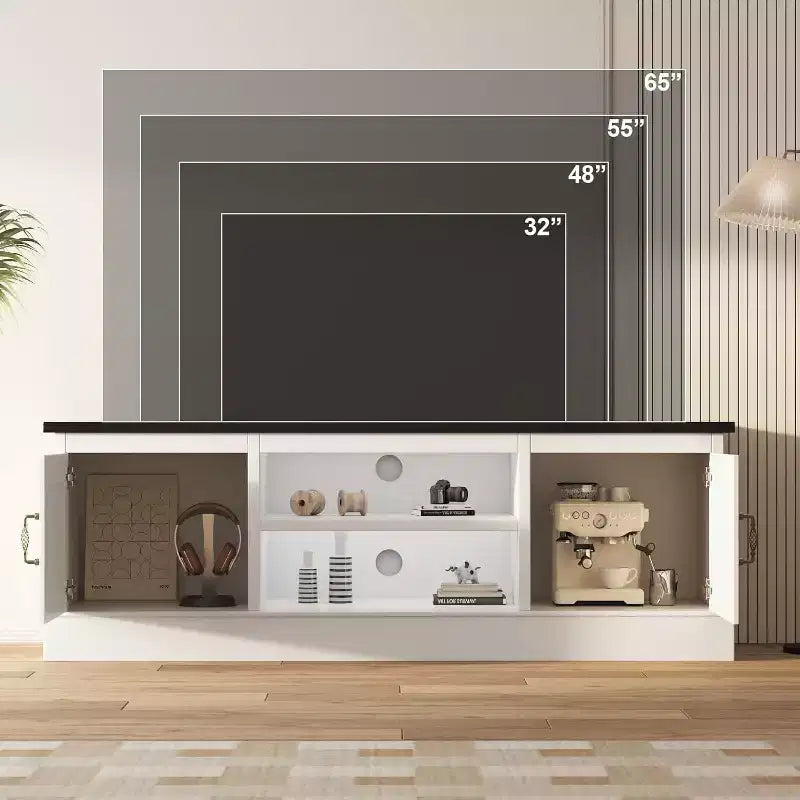 Mobile TV moderno minimalista, TV fino a 65 pollici, Consolle mobile per centro di intrattenimento con armadietti e mensole portaoggetti per soggiorno
