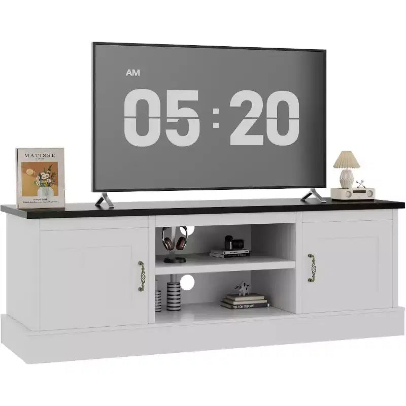 Mobile TV moderno minimalista, TV fino a 65 pollici, Consolle mobile per centro di intrattenimento con armadietti e mensole portaoggetti per soggiorno