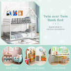 Letto a castello Twin Over Twin con recinzione e scaletta in legno massello per bambini, colore bianco