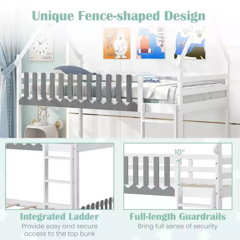 Letto a castello Twin Over Twin con recinzione e scaletta in legno massello per bambini, colore bianco