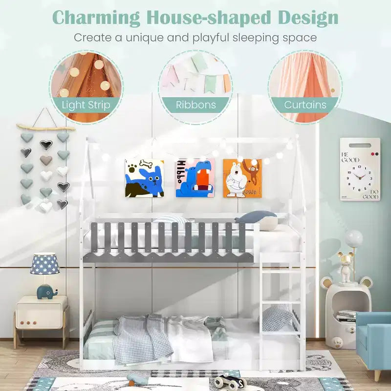 Letto a castello Twin Over Twin con recinzione e scaletta in legno massello per bambini, colore bianco