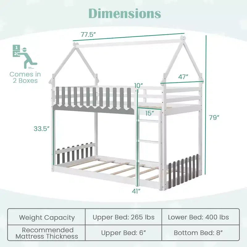 Letto a castello Twin Over Twin con recinzione e scaletta in legno massello per bambini, colore bianco
