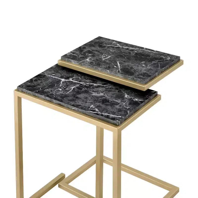 Tavolino Nidificato Kircubbin con Piano Effetto Marmo, Oro/Nero, Rettangolare, Finitura Lucida, Struttura in Metallo